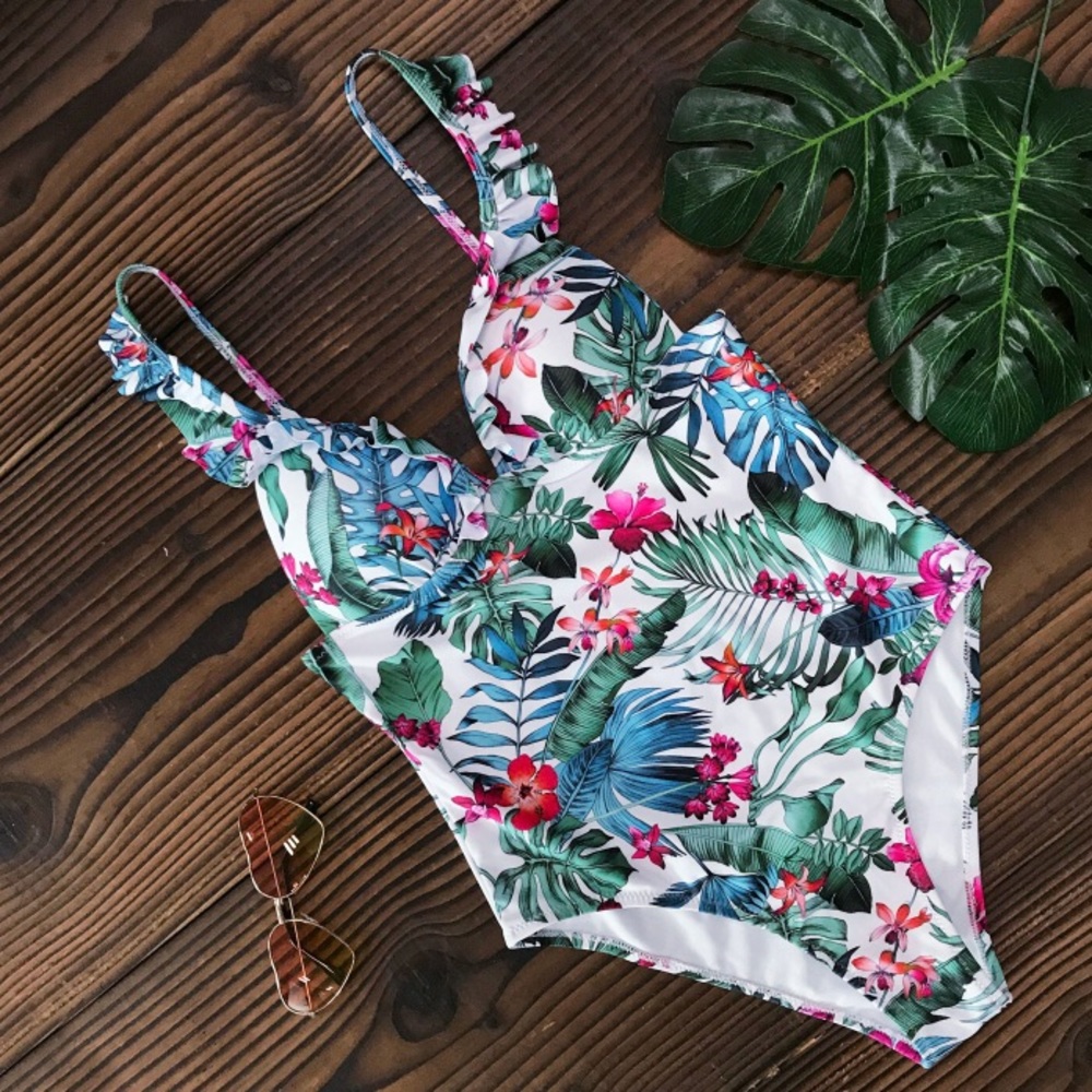 CLEARANCE Tropical Floral Palm Ruffle 1Pc Swimsuit - Picture 2 of 3